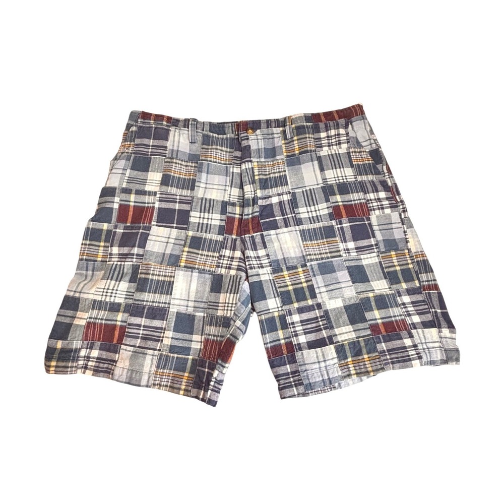 St John's Bay Men's 38 Patchwork Madras Plaid Shorts Blue Burgundy 100% Cotton